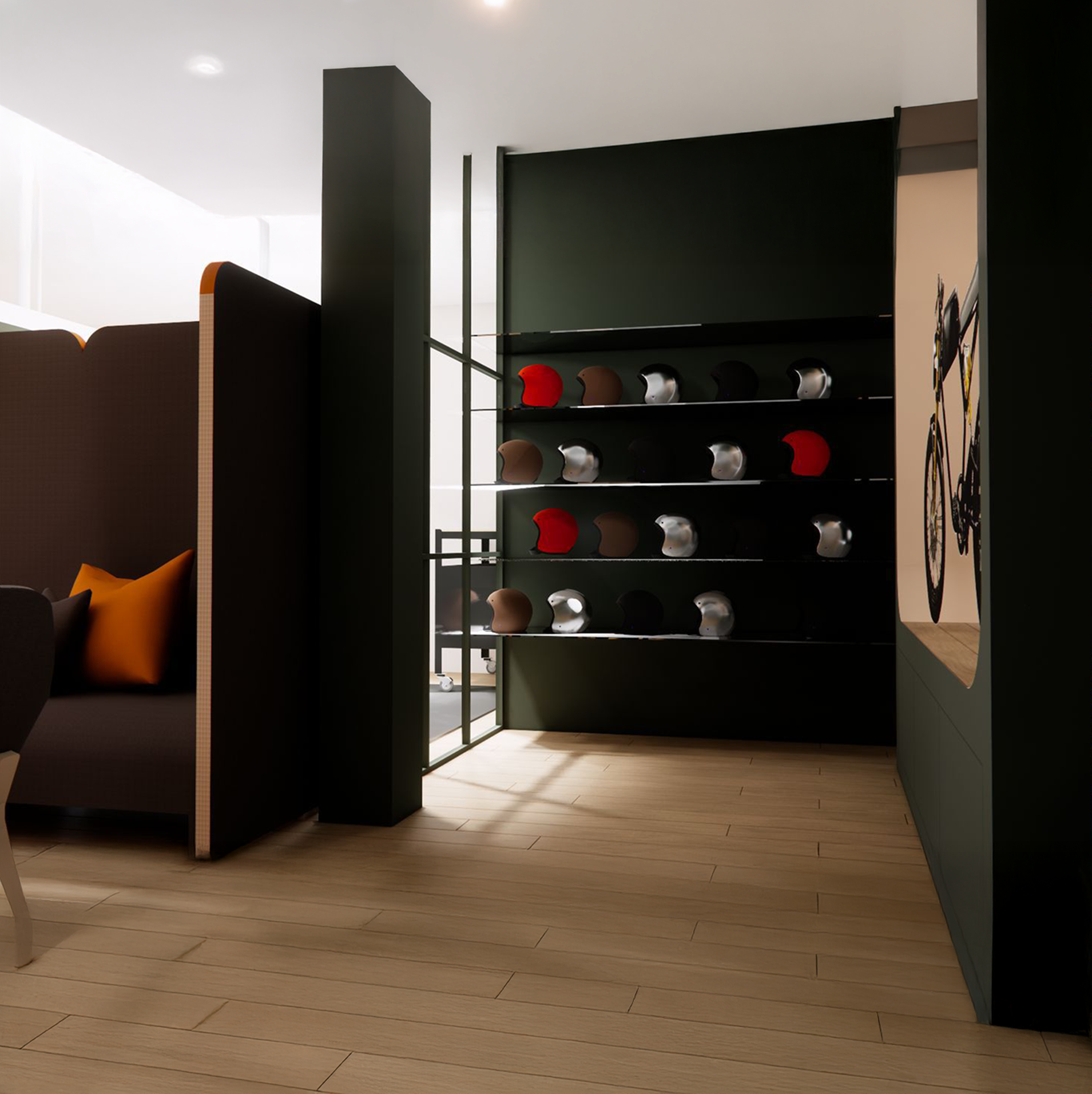 Espace accessoires vélo dans la boutique Bloomway à Biarritz avec casques, antivols et équipements