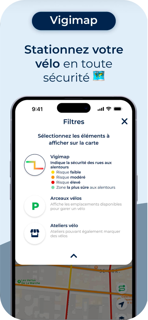 Carte de sécurité Vigimap de l’application partenaire Share Lock pour stationner des vélos électriques et fatbikes avec Bloomway
