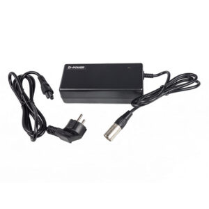 Chargeur D-Power noir pour batterie de vélo électrique avec connecteur de charge métallique cylindrique, câble secteur et câble d'alimentation